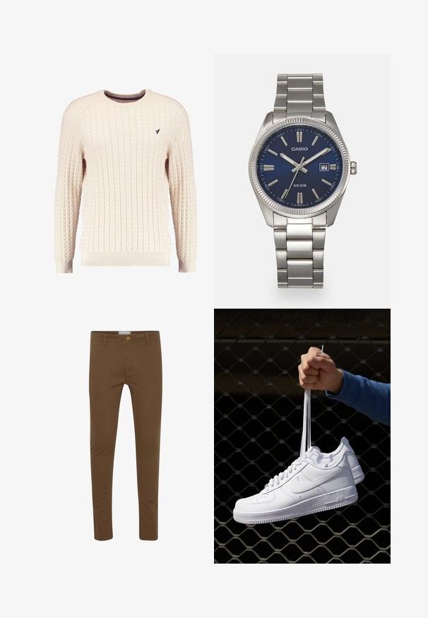 Maglione crema a trama cable con maniche lunghe e colletto tondo. Presenta polsini e orlo a costine, con un piccolo logo ricamato sul petto.; Blend BHNATAN SLIM FIT - Chino - coffee liqueúr; Sneakers in pelle bianca con perforazioni, punta rotonda, suola piatta e lacci spessi, con logo swoosh visibile e "AIR" sul tallone.; Orologio da polso in acciaio inossidabile argento con quadrante blu navy, indici metallici e finestra della data alle 3. Resistente all'acqua fino a 50 metri.