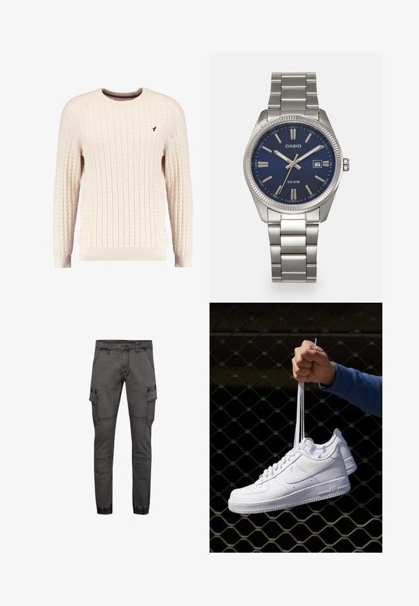 Cream cable-knit sweater with long sleeves and a crew neckline. Features ribbed cuffs and hem, with a small embroidered logo on the chest.; Gray cargo pants in a fitted design, made from denim, featuring side pockets, textured seams, and elasticized hems for a snug fit.; White leather sneakers with perforations, round toe, flat sole, and thick laces, featuring a visible swoosh logo and "AIR" on the heel.; Silver stainless steel wristwatch with a navy blue dial, metallic hour markers, and a date window at 3 o'clock. Water-resistant to 50 meters.