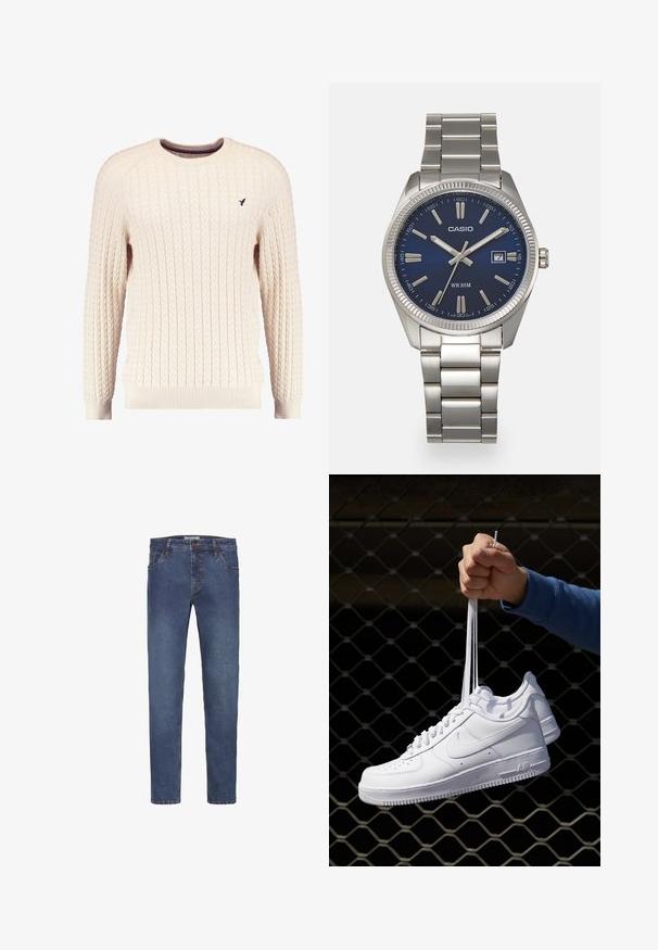 Suéter crema de punto trenzado con mangas largas y escote redondo. Presenta puños y dobladillo acanalados, con un pequeño logo bordado en el pecho.; Pantalones vaqueros de mezclilla azul oscuro con diseño de pierna recta, que cuentan con trabillas para cinturón, cinco bolsillos y una costura contrastante a lo largo de las costuras.; Zapatillas de cuero blanco con perforaciones, punta redonda, suela plana y cordones gruesos, con un logo de swoosh visible y "AIR" en el talón.; Reloj de pulsera de acero inoxidable plateado con una esfera azul marina, marcadores horarios metálicos y una ventana de fecha a las 3 en punto. Resistente al agua hasta 50 metros.