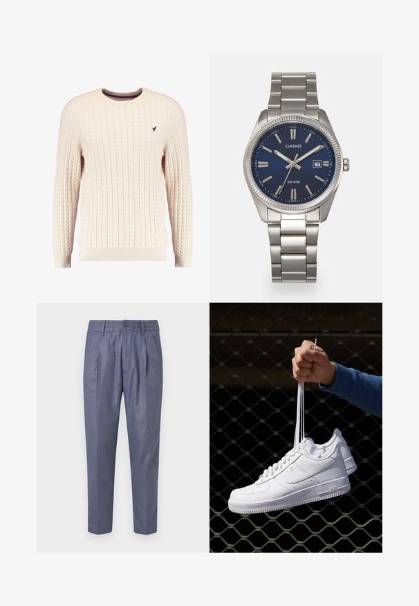 Kream pulover iz kabelskih pletenin z dolgimi rokavi in okroglo izrezom. Opremljen je z rebrastimi manšetami in robom ter s majhnim vezenim logotipom na prsih.; Modre tkanine hlače s prilegajočim krojem, ki vključujejo sprednje pregibe, gumbasto zapiranje in gladko teksturo. Skrajšana dolžina s ravnimi nogami.; Bela usnjena športna obutev s perforacijami, okroglo konico, ravnim podplatom in debelimi vezalkami, z vidnim logotipom smoosh in napisom "AIR" na peti.; Srebrna nerjaveča jeklena ura z modrim številčnico, kovinskimi kazalci ter oknom za datum na 3. uri. Vodoodporna do 50 metrov.