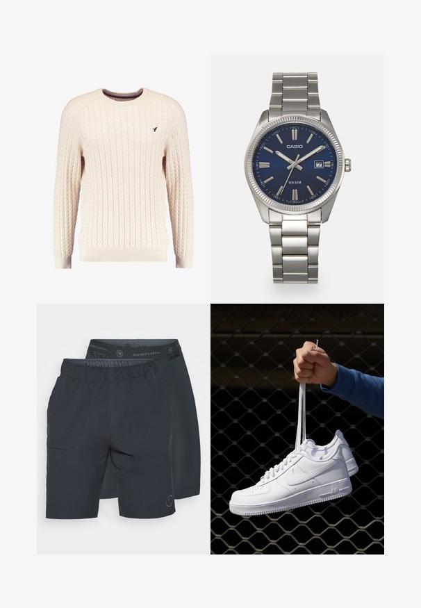 Romige kabelgebreide trui met lange mouwen en een ronde hals. Heeft ribgebreide manchetten en zoom, met een klein geborduurd logo op de borst.; Twee paar donkerblauwe shorts naast elkaar. De ene heeft een elastische tailleband met logo's, terwijl de andere een zak aan de zijkant heeft.; Witte leren sneakers met perforaties, ronde neus, vlakke zool en dikke veters, met een zichtbare swoosh-logo en "AIR" op de hiel.; Zilveren roestvrijstalen horloge met een marineblauwe wijzerplaat, metalen uurmarkeringen en een datumnis op 3 uur. Waterbestendig tot 50 meter.