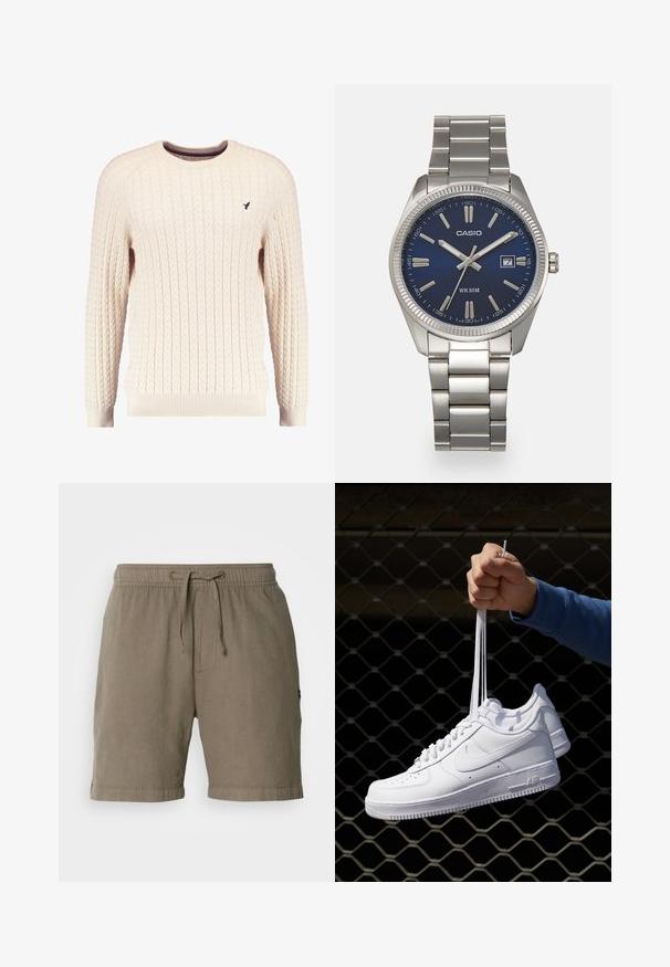 Suéter crema de punto trenzado con mangas largas y escote redondo. Presenta puños y dobladillo acanalados, con un pequeño logo bordado en el pecho.; Pantalones cortos de lino beige con cintura elástica y cordón. Presenta bolsillos laterales y dobladillos ajustados para un ajuste relajado.; Zapatillas de cuero blanco con perforaciones, punta redonda, suela plana y cordones gruesos, con un logo de swoosh visible y "AIR" en el talón.; Reloj de pulsera de acero inoxidable plateado con una esfera azul marina, marcadores horarios metálicos y una ventana de fecha a las 3 en punto. Resistente al agua hasta 50 metros.