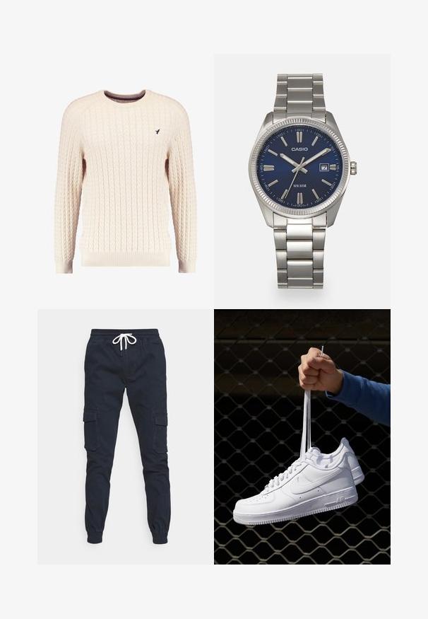Romige kabelgebreide trui met lange mouwen en een ronde hals. Heeft ribgebreide manchetten en zoom, met een klein geborduurd logo op de borst.; Marine cargobroek met een elastische tailleband, trekkoord en geribbelde manchetten. Beschikt over twee zijpatchzakken en een gladde katoenen stof.; Witte leren sneakers met perforaties, ronde neus, vlakke zool en dikke veters, met een zichtbare swoosh-logo en "AIR" op de hiel.; Zilveren roestvrijstalen horloge met een marineblauwe wijzerplaat, metalen uurmarkeringen en een datumnis op 3 uur. Waterbestendig tot 50 meter.