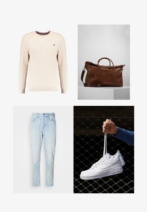 Suéter crema de punto trenzado con mangas largas y escote redondo. Presenta puños y dobladillo acanalados, con un pequeño logo bordado en el pecho.; Vaqueros de mezclilla azul claro con corte recto, diseño de cinco bolsillos y cierre de botón en la cintura, con áreas ligeramente desgastadas.; Zapatillas de cuero blanco con perforaciones, punta redonda, suela plana y cordones gruesos, con un logo de swoosh visible y "AIR" en el talón.; Bolsa de viaje de cuero marrón con cierre de cremallera, doble asa, correa de hombro ajustable y patrones de textura visibles en la superficie.