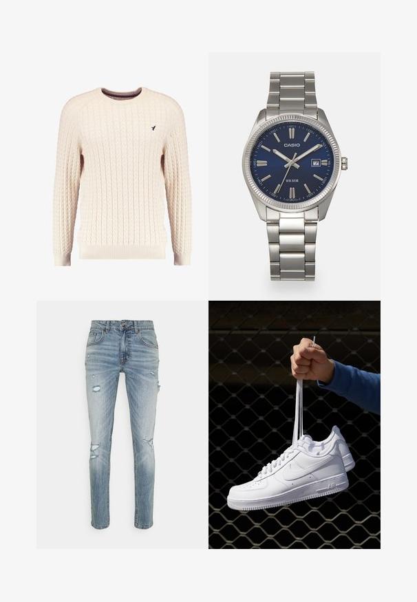 Cream cable-knit sweater with long sleeves and a crew neckline. Features ribbed cuffs and hem, with a small embroidered logo on the chest.; Light blue denim jeans with a slim fit, featuring distressed rips, five pockets, a button closure, and subtle fading throughout.; White leather sneakers with perforations, round toe, flat sole, and thick laces, featuring a visible swoosh logo and "AIR" on the heel.; Silver stainless steel wristwatch with a navy blue dial, metallic hour markers, and a date window at 3 o'clock. Water-resistant to 50 meters.
