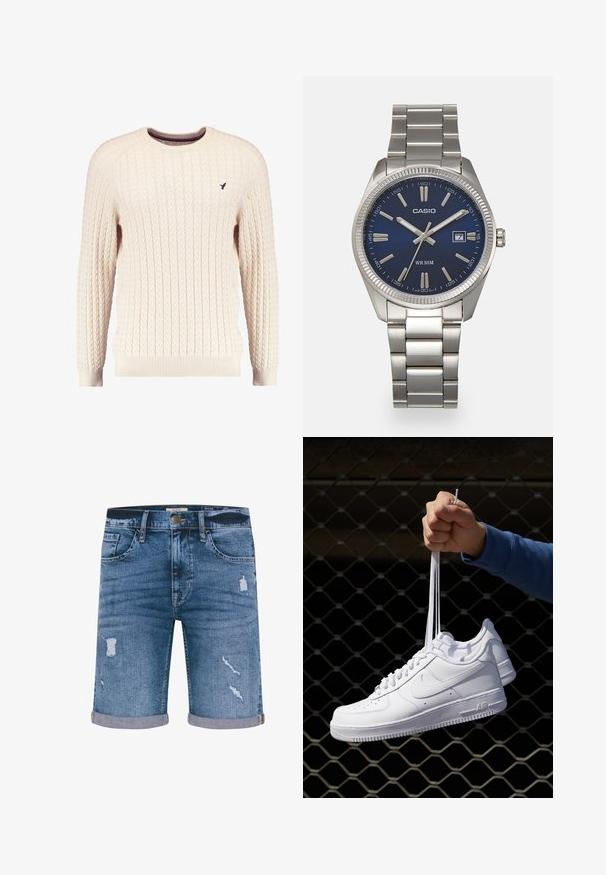 Kream pulover iz kabelskih pletenin z dolgimi rokavi in okroglo izrezom. Opremljen je z rebrastimi manšetami in robom ter s majhnim vezenim logotipom na prsih.; Denimske šortse v srednje modri barvi z obrabljenimi detajli, z zavihanimi robovi, petimi žepi in kovinsko zaponko. Standardna prileganje.; Bela usnjena športna obutev s perforacijami, okroglo konico, ravnim podplatom in debelimi vezalkami, z vidnim logotipom smoosh in napisom "AIR" na peti.; Srebrna nerjaveča jeklena ura z modrim številčnico, kovinskimi kazalci ter oknom za datum na 3. uri. Vodoodporna do 50 metrov.