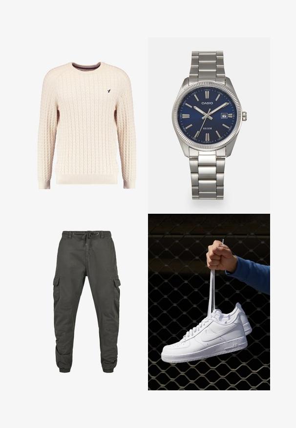 Cremfarbener Kabelle-Strickpullover mit langen Ärmeln und Rundhalsausschnitt. Mit gerippten Bündchen und Saum sowie einem kleinen gestickten Logo auf der Brust.; Cargo-Hosen aus dunkelgrauem Baumwollstoff mit einem elastischen Bund, verstellbarem Kordelzug und mehreren Seitentaschen. Elastische Bündchen an den Knöcheln.; Weiße Leder-Sneaker mit Perforationen, runder Zehenpartie, flacher Sohle und dicken Schnürsenkeln, mit sichtbar eingesticktem Swoosh-Logo und "AIR" an der Ferse.; Silberner Armbanduhr aus Edelstahl mit einem dunkelblauen Zifferblatt, metallischen Stundenmarkierungen und einem Datumsfenster bei 3 Uhr. Wasserdicht bis 50 Meter.