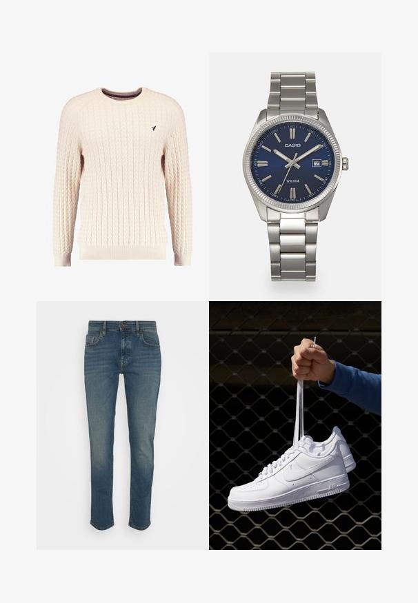 Cremefarvet kabelstrikket sweater med lange ærmer og rund hals. Har ribbede manchetter og kant, samt et lille broderet logo på brystet.; Mørkeblå jeans med slim fit, der har knaplukning, fem lommer og en let slidt finish. Fremstillet af denimstof.; Hvide lædersneakers med perforeringer, rund tå, flad sål og tykke snørebånd, med et synligt swoosh-logo og "AIR" på hælen.; Sølv rustfrit stål urrem med en marineblå urskive, metallic timemarkører og et datovindue kl. 3. Vandafvisende op til 50 meter.
