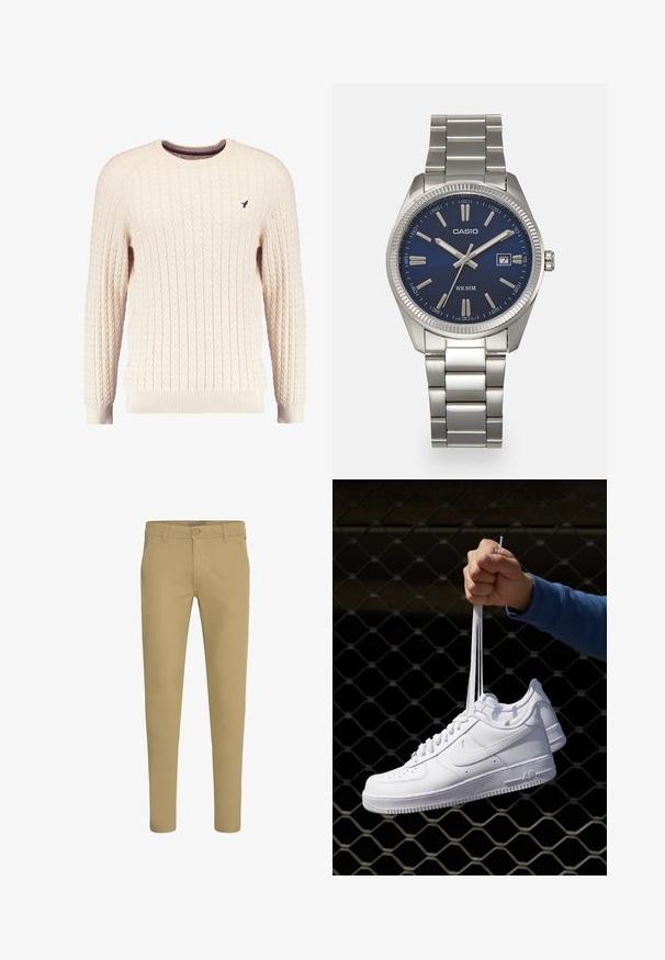 Krémový svetr s kabelovým pletením, dlouhými rukávy a kulatým výstřihem. Obsahuje pružné manžety a spodní lem, s malou vyšitou nášivkou na hrudi.; Khaki chino kalhoty s přizpůsobeným střihem, s knoflíkovým zapínáním, poutky na opasek a bočními kapsami. Hladká bavlněná látka s matným povrchem.; Bílé kožené tenisky s perforacemi, kulatou špičkou, plochou podrážkou a silnými tkaničkami, které mají viditelné logo swoosh a nápis "AIR" na patě.; Stříbrný nerezový náramkový hodinky s navy modrým ciferníkem, kovovými hodinovými značkami a oknem pro datum na hodině 3. Vodotěsné do 50 metrů.