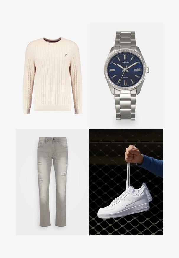 Cream cable-knit sweater with long sleeves and a crew neckline. Features ribbed cuffs and hem, with a small embroidered logo on the chest.; Gray denim jeans with a straight cut, featuring distressed accents and rip details on the front. Finished with standard pockets and a button fly.; White leather sneakers with perforations, round toe, flat sole, and thick laces, featuring a visible swoosh logo and "AIR" on the heel.; Silver stainless steel wristwatch with a navy blue dial, metallic hour markers, and a date window at 3 o'clock. Water-resistant to 50 meters.