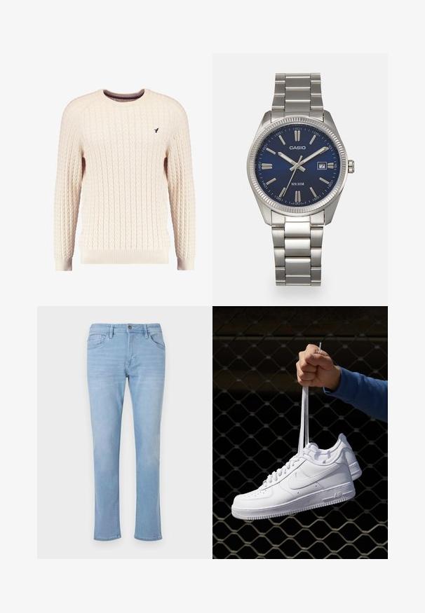 Tejkrém színű kötött pulóver hosszú ujjal és kerek nyakkivágással. Elnyújtott mandzsetták és szegély, az elején egy kis hímzett logóval.; Világoskék farmernadrág, egyenes szárú kialakítással, elülső zsebekkel és gombos záródással. A szöveten sérült textúra található.; Fehér bőr sportcipők perforációval, kerek orral, lapos talppal és vastag fűzőkkel, látható swoosh logóval és "AIR" felirattal a sarokrészen.; Ezüst színű rozsdamentes acél karóránk sötétkék számlapja van, fém óraszámlálókkal és egy dátumablakkal a 3 órás pozícióban. 50 méterig vízálló.