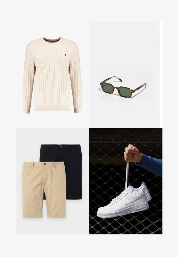Pulover crem cu tricotaj în corde, cu mâneci lungi și gât rotund. Prezintă manșete și tiv cu nervuri, având un mic logo brodat pe piept.; Două perechi de pantaloni scurți, una kaki și una neagră, din bumbac. Ambele au un nasture, un croi plat și sunt de lungime până la genunchi.; Adidași albaștri din piele cu perforații, vârf rotund, talpă plată și șireturi groase, cu un logo swoosh vizibil și cu inscripția "AIR" pe toc.; Ochelari de soare cu montură broască țestoasă și lentile verzi, având o formă octogonală și brațe subțiri, curbate. Materialul are o finisare lucioasă.