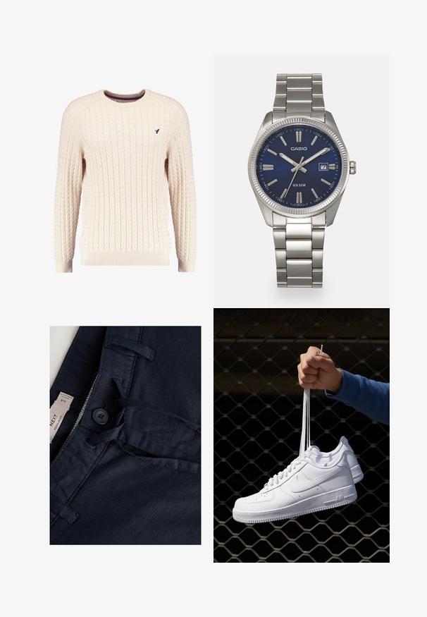 Tejkrém színű kötött pulóver hosszú ujjal és kerek nyakkivágással. Elnyújtott mandzsetták és szegély, az elején egy kis hímzett logóval.; Sötétkék nadrág sima textúrával, gombos záródással, zsinórral és címkével. Öv részén varrott díszítések.; Fehér bőr sportcipők perforációval, kerek orral, lapos talppal és vastag fűzőkkel, látható swoosh logóval és "AIR" felirattal a sarokrészen.; Ezüst színű rozsdamentes acél karóránk sötétkék számlapja van, fém óraszámlálókkal és egy dátumablakkal a 3 órás pozícióban. 50 méterig vízálló.