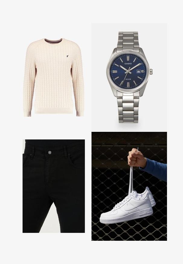 Krēmveida adīta džemperis ar garām piedurknēm un apaļu kakla izgriezumu. Tam ir ribota piedurkņu un apakšmalas apdare, kā arī neliels izsistais logotips uz krūšu daļas.; Melni denimi džinsi ar pieguļošu siluetu, klasisku piecu kabatu dizainu un metalizētu pogu jostasvietā. Gluda tekstūra.; Baltas ādas sporta apavi ar perforācijām, apaļu purngali, plakanu zoli un biezām šņorēm, ar redzamu swoosh logo un vārdu "AIR" uz papēža.; Sudraba nerūsējošā tērauda rokas pulkstenis ar tumši zilu ciparnīcu, metalizētiem stundu rādītājiem un datuma logu pie pulksten 3. Ūdensizturīgs līdz 50 metriem.