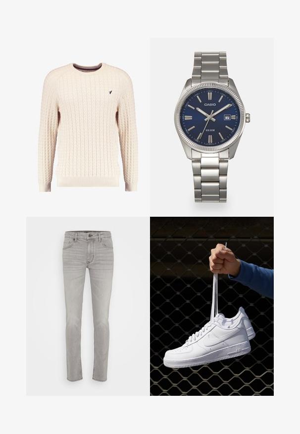 Cream cable-knit sweater with long sleeves and a crew neckline. Features ribbed cuffs and hem, with a small embroidered logo on the chest.; Light gray denim jeans with a straight fit, classic five-pocket design, subtle fading, and stitched detailing along the seams.; White leather sneakers with perforations, round toe, flat sole, and thick laces, featuring a visible swoosh logo and "AIR" on the heel.; Silver stainless steel wristwatch with a navy blue dial, metallic hour markers, and a date window at 3 o'clock. Water-resistant to 50 meters.