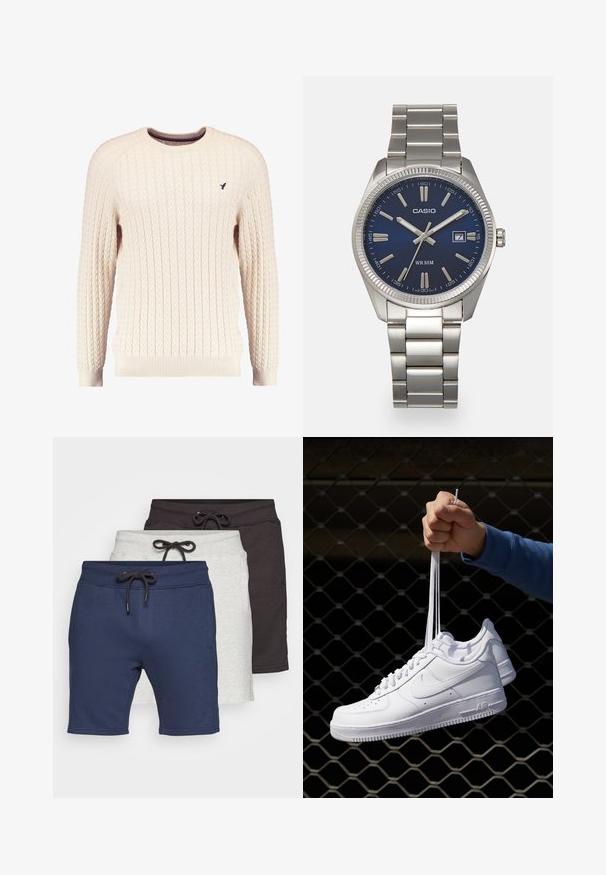Romige kabelgebreide trui met lange mouwen en een ronde hals. Heeft ribgebreide manchetten en zoom, met een klein geborduurd logo op de borst.; Set van drie shorts: marineblauw, lichtgrijs en donkergrijs. Gemaakt van zachte stof met elastische taillebanden en koordjes.; Witte leren sneakers met perforaties, ronde neus, vlakke zool en dikke veters, met een zichtbare swoosh-logo en "AIR" op de hiel.; Zilveren roestvrijstalen horloge met een marineblauwe wijzerplaat, metalen uurmarkeringen en een datumnis op 3 uur. Waterbestendig tot 50 meter.