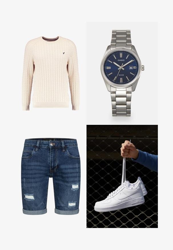 Romige kabelgebreide trui met lange mouwen en een ronde hals. Heeft ribgebreide manchetten en zoom, met een klein geborduurd logo op de borst.; Donkerblauwe spijkershorts met omgeslagen zomen, met versleten details en rafelige randen aan de voorkant. Vijfzakken ontwerp met knoopsluiting.; Witte leren sneakers met perforaties, ronde neus, vlakke zool en dikke veters, met een zichtbare swoosh-logo en "AIR" op de hiel.; Zilveren roestvrijstalen horloge met een marineblauwe wijzerplaat, metalen uurmarkeringen en een datumnis op 3 uur. Waterbestendig tot 50 meter.