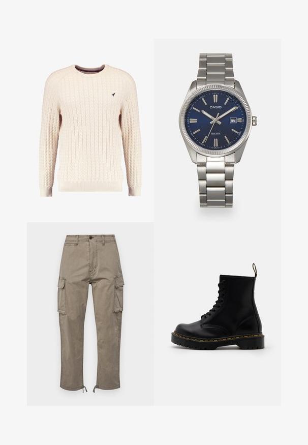 Kreemvärvi kabelikootud sviiter pikkade varrukatega ja ümmarguse kaelusega. Omab soonikuid mansette ja äärt, ning rinnal on väike brodeeritud logo.; Karmipesasid tuhmades taupe värvitoonides, valmistatud puuvillast, külgpocketsid, sirge lõikega ning reguleeritavad allääred nööridega.; Mustad mustad nahast pahkluu saapad, millel on nöörid ees, kollased õmblused, ümar varvas ja paks, tekstuuriga kummitald.; Hõbedane roostevabast terasest käekell, tumesinise lõpliku, metallsete tuntud numbrite ja kuupäevanäidikuga kell 3 juures. Veekindel kuni 50 meetrit.