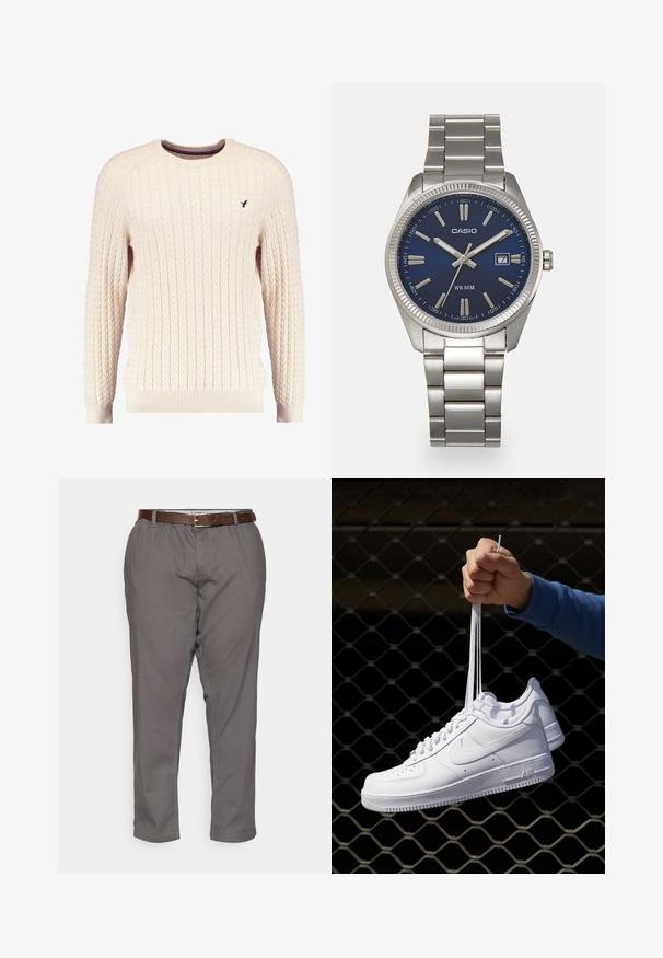 Kreemvärvi kabelikootud sviiter pikkade varrukatega ja ümmarguse kaelusega. Omab soonikuid mansette ja äärt, ning rinnal on väike brodeeritud logo.; Hallid hallid püksid, millel on mugav lõige, pruuni nahkvöödiga, küljetaskud ja sile kangatekstuur. All olevad äärised on viimistletud.; Valged nahast tennisetossud, millel on perforatsioonid, ümar nina, lame tallus ja paksud nöörid, nähtava swooshi logoga ja "AIR" kontsadel.; Hõbedane roostevabast terasest käekell, tumesinise lõpliku, metallsete tuntud numbrite ja kuupäevanäidikuga kell 3 juures. Veekindel kuni 50 meetrit.