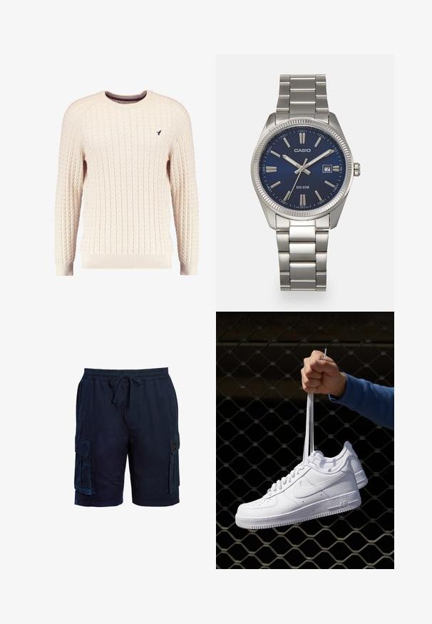 Krem pleteni pulover s dugim rukavima i okruglim izrezom. Ima rebraste manžete i donji rub, s malim izvezenim logom na prsima.; Petrol plave cargo kratke hlače s elastičnim pojasom, vezicom, džepovima s obje strane i teksturiranim materijalom za udobnost.; Bijele kožne tenisice s perforacijama, okruglim vrhom, ravnim potplatom i debelim vezicama, s vidljivim swoosh logom i natpisom "AIR" na peti.; Srebrni sat od nehrđajućeg čelika s tamnoplavim brojčanikom, metalnim oznakama sati i prozorom za datum na 3 sata. Vodootporan do 50 metara.