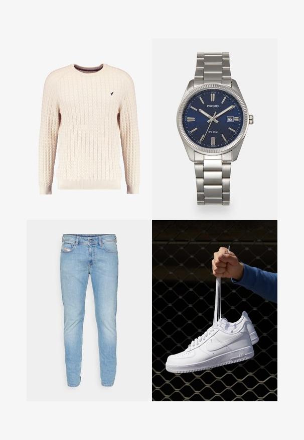 Suéter crema de punto trenzado con mangas largas y escote redondo. Presenta puños y dobladillo acanalados, con un pequeño logo bordado en el pecho.; Jeans de mezclilla azul claro con un corte ajustado, diseño de cinco bolsillos, cierre con botón y un ligero desvanecimiento en la tela para textura y profundidad.; Zapatillas de cuero blanco con perforaciones, punta redonda, suela plana y cordones gruesos, con un logo de swoosh visible y "AIR" en el talón.; Reloj de pulsera de acero inoxidable plateado con una esfera azul marina, marcadores horarios metálicos y una ventana de fecha a las 3 en punto. Resistente al agua hasta 50 metros.