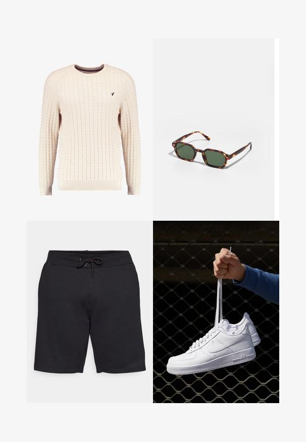 Krämfärgad kabelstickad tröja med långa ärmar och rundad halsringning. Har ribbstickade muddärmar och nederkant, med en liten broderad logotyp på bröstet.; Svarta bomullsshorts med elastisk midja och snörning. Har sidofickor och en mjuk textur med sydda sömmar.; Vita lädersneakers med perforeringar, rund tå, platt sula och tjocka snörning, med en synlig swoosh-logga och "AIR" på hälen.; Sköldpaddsbeslag av solglasögon med gröna linser, vinklade i en oktagonal form och med smala, böjda skalmar. Materialet har en glansig yta.
