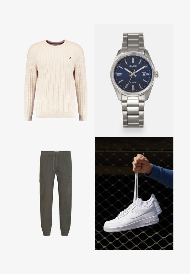Romige kabelgebreide trui met lange mouwen en een ronde hals. Heeft ribgebreide manchetten en zoom, met een klein geborduurd logo op de borst.; Cargo pants in donker olijfgroen, met een elastische tailleband met trekkoord, zijzakken en elastische manchetten. Glad, duurzaam materiaal.; Witte leren sneakers met perforaties, ronde neus, vlakke zool en dikke veters, met een zichtbare swoosh-logo en "AIR" op de hiel.; Zilveren roestvrijstalen horloge met een marineblauwe wijzerplaat, metalen uurmarkeringen en een datumnis op 3 uur. Waterbestendig tot 50 meter.