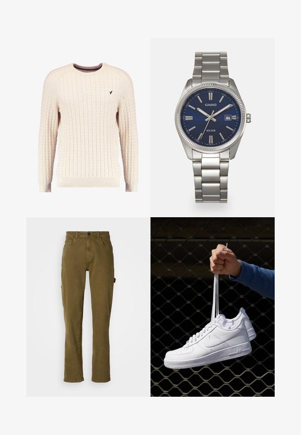 Pull en maille torsadée crème avec manches longues et col ras du cou. Présente des poignets et un ourlet côtelés, avec un petit logo brodé sur la poitrine.; Pantalons en coton vert olive avec coupe droite, dotés d'une fermeture à bouton sur le devant et de poches latérales. Texture lisse et design épuré.; Baskets en cuir blanc avec perforations, à bout rond, semelle plate et lacets épais, arborant un logo swoosh visible et "AIR" sur le talon.; Montre-bracelet en acier inoxydable argenté avec un cadran bleu marine, des index métalliques et un affichage de la date à 3 heures. Résistante à l'eau jusqu'à 50 mètres.