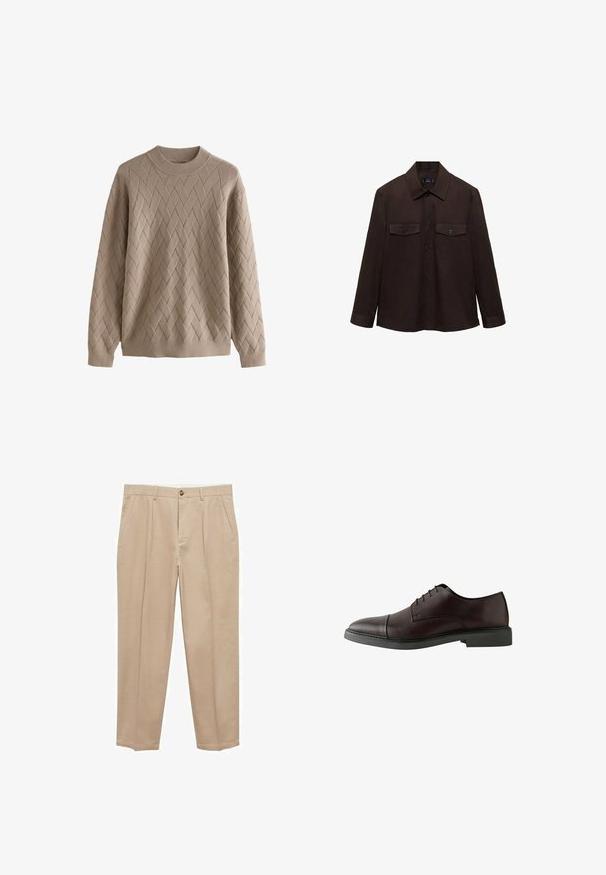 Beige gebreide trui met een gestructureerd ruitpatroon, voorzien van een ronde halslijn en lange mouwen. Zachte stof met geribbelde manchetten en zoom.; Donkerbruine langemouwen shirt met een kraag, twee borstzakken en knoopsluiting, gemaakt van een gladde, duurzame stof.; Beige chinos van katoen met een recht gesneden ontwerp. Voorzien van frontzakken, een knoopsluiting en een zachte textuur.; Donker bordeaux leren veterschoen met een ronde neus, platte zwarte zool, minimale stikdetails en een gladde textuur.