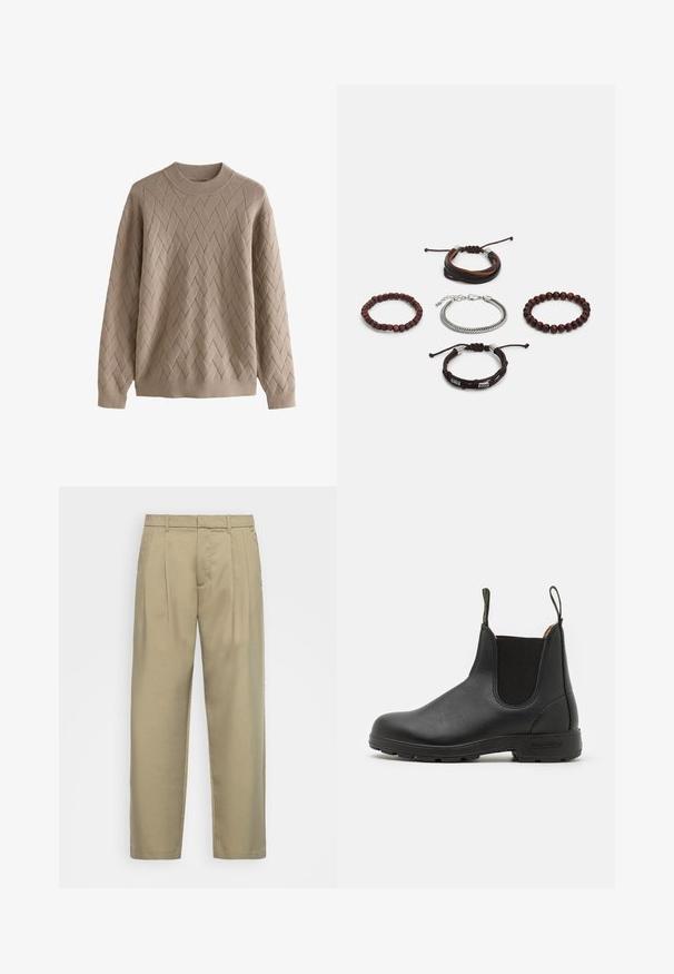 Beige kudumüts, millel on tekstuuriga teemantimuster, ümar kaelus ja pikad varrukad. Pehme kangas ribidega mansettide ja servadega.; Beežid, kõrge vöökoht ja sirge lõikega püksid, millel on lame esiosa, küljetaskud ja sile, tekstuuriga kangas.; Must mustrepp nahk Chelsea saapad elastsete külg-paneelide, tõmbluku ja robuste kummitaldadega, ning õmmeldud detailidega. Ühtlane siledus kogu ulatuses.; Viie käevõru komplekt, mis sisaldab pruuni nahka, puidust helmeid ja hõbedast ketti; erinevad tekstuurid ja kujundid, reguleeritavad sulgurid.