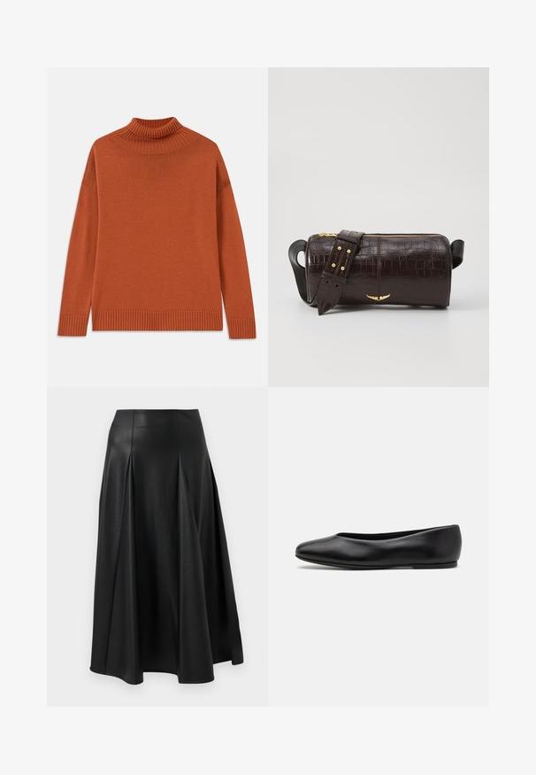Turtleneck-Pullover in verbranntem Orange, aus weichem Strickstoff. Mit geripptem Kragen und Saum, in lockerer Silhouette und mit langen Ärmeln.; Schwarzer Lederrock mit Falten, glatter Textur, mittellangem Design und tailliertem Bund. Minimalistischer Stil ohne sichtbare Beschläge.; Paul Smith TOPANGA - Klassischer Ballerina - black; Braune, krokodilgeprägte Lederhandtasche mit zylindrischer Form, goldfarbener Hardware und einem abnehmbaren Tragegurt mit Nieten.