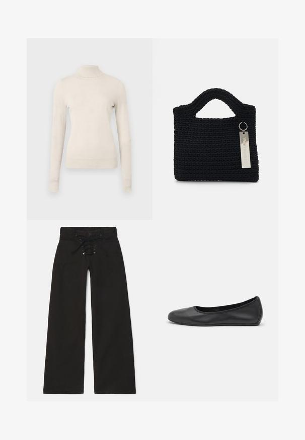Jasno-beżowy sweter z golfem, wykonany z miękkiego dzianiny, z długimi rękawami i delikatnym falbanym wykończeniem przy dekolcie.; Czarne spodnie z szerokimi nogawkami i wysokim stanem, z przodu z sznurkiem i zapięciem na zatrzask. Wykonane z denimu o gładkiej teksturze.; Czarne skórzane baletki z zaokrąglonym noskiem, gładką fakturą, minimalnymi przeszyciami i elastycznym designem podeszwy.; Won Hundred MARSIELLE UNISEX czarny