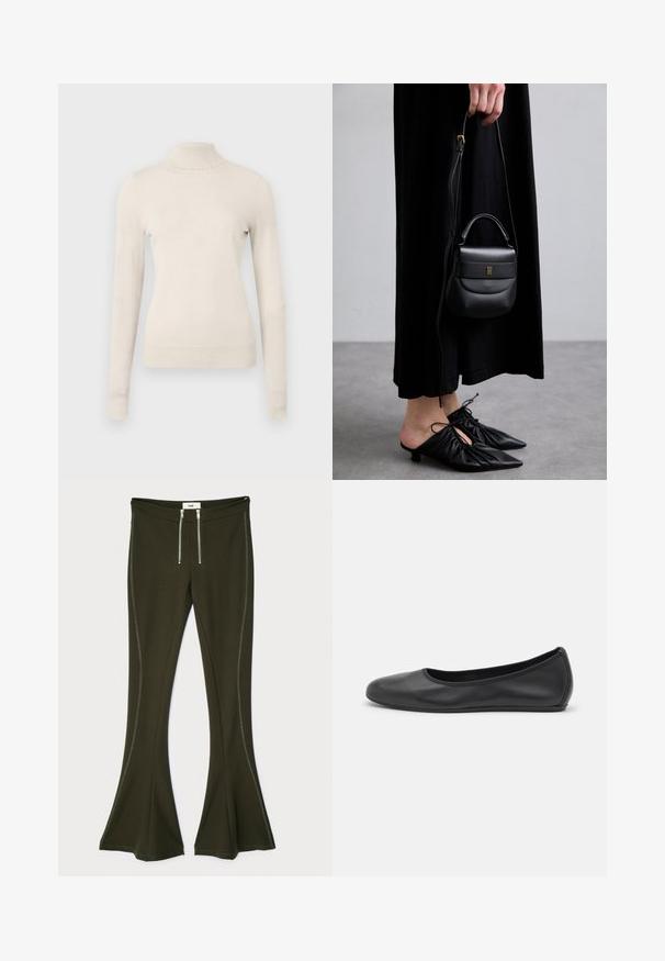 Hellbeige Rollkragenpullover aus einem weichen Strickstoff, mit langen Ärmeln und einem zarten, gerüschten Halsauschnitt.; Dunkelolivgrüne, ausgestellte Hose aus dehnbarem Material, mit metallischen Reißverschlüssen und kontrastierenden Seitennähten.; Schwarze Leder-Ballettschuhe mit abgerundeter Spitze, glatter Textur, minimalen Nähdetails und einem flexiblen Sohlen-Design.; Kleine schwarze Ledertasche mit runder Form, Obergriff und abnehmbarem Riemen. Getragen zu einem schwarzen Stoffkleid und schwarzen plissierten Schuhen.