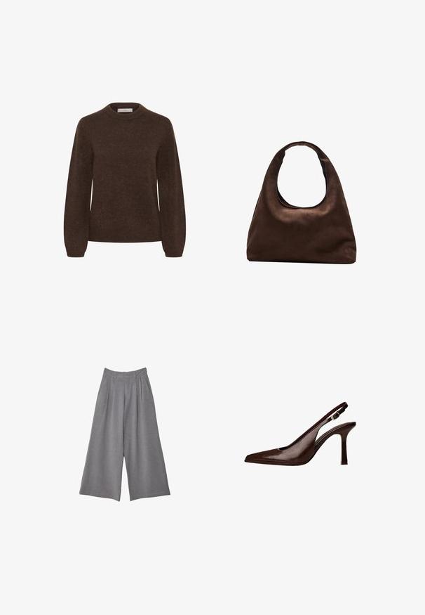 Brązowy sweter dzianinowy z okrągłym dekoltem, długimi rękawami i miękką teksturą, charakteryzujący się prostym wzornictwem bez wzorów ani zdobień.; Szare spodnie z szerokimi nogawkami z teksturowanej tkaniny, z fałdami w talii i dwoma bocznymi kieszeniami. Zaprojektowane w fasonie ze średnim stanem.; Brązowe skórzane sandały typu slingback z ostrym noskiem i cienkim obcasem. Posiadają małą klamrę akcentującą na pasku oraz błyszczące wykończenie.; Miękka, brązowa torebka w stylu hobo z jedną szeroką rączką i wyprofilowanym otwarciem, wyeksponowana na białym tle.