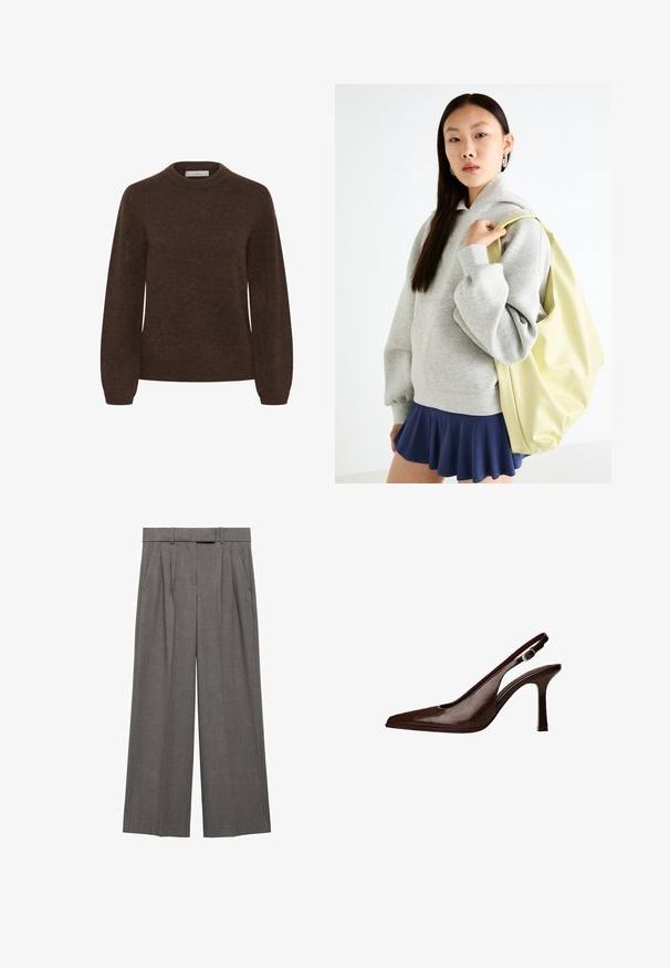 Pulover tricotat maro cu gât rotund, mâneci lungi și o textură moale, având un design simplu fără modele sau decoratiuni.; Pantaloni gri cu picioare ample, confecționați dintr-un material texturat, având talie înaltă, plisse și buzunare laterale.; Pantofii slingback din piele maro au vârful ascuțit și tocul subțire. Prezintă o mică cataramă de accent pe curea și un finisaj lucios.; Hanorac oversized gri cu buzunar tip kangaroo, asociat cu o fustă albă cu volane de culoare bleumarin. Accesoriu: rucsac mare de un galben deschis, cu textură netedă.