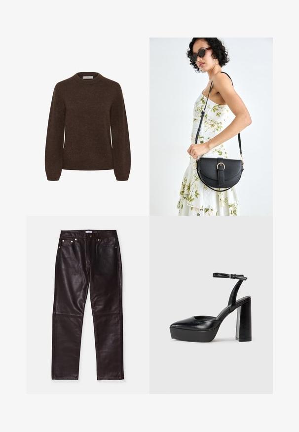 Brauner gestrickter Pullover mit Rundhalsausschnitt, langen Ärmeln und weicher Textur, der über ein einfaches Design ohne Muster oder Verzierungen verfügt.; Braune Lederhose mit glatter Textur, ausgestattet mit vier Taschen, einem Reißverschluss und Metallakzenten. Taillierter Schnitt mit geradem Bein.; Schwarze Plateau-High Heels mit spitzem Zeh und verstellbarem Knöchelriemen. Gefertigt aus glattem Leder und mit einem klobigen Blockabsatz.; Schwarze Lederhandtasche mit geschwungener Form, abnehmbarem Tragegurt und goldenen Beschlägen. Die Tasche verfügt über einen Deckel mit einer Schnallen-Details.
