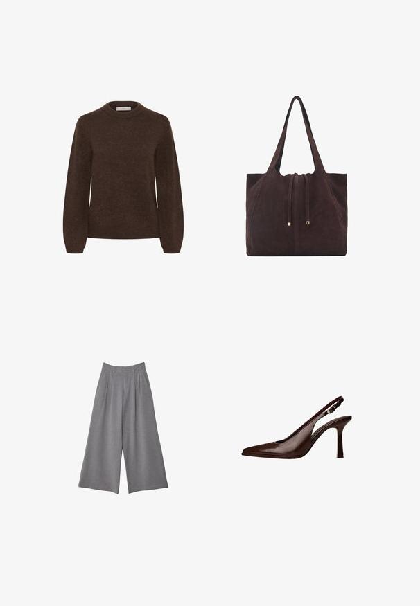 Brown knitted sweater with a crew neckline, long sleeves, and a soft texture, featuring a simple design without patterns or embellishments.; Gray wide-leg trousers with a textured fabric, featuring pleats at the waist and two side pockets. Designed with a mid-rise fit.; Brown leather slingback pump with a pointed toe and a thin heel. Features a small accent buckle on the strap and a glossy finish.; Mango Tote bag - dark brown