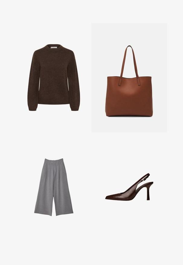 Brązowy sweter dzianinowy z okrągłym dekoltem, długimi rękawami i miękką teksturą, charakteryzujący się prostym wzornictwem bez wzorów ani zdobień.; Szare spodnie z szerokimi nogawkami z teksturowanej tkaniny, z fałdami w talii i dwoma bocznymi kieszeniami. Zaprojektowane w fasonie ze średnim stanem.; Brązowe skórzane sandały typu slingback z ostrym noskiem i cienkim obcasem. Posiadają małą klamrę akcentującą na pasku oraz błyszczące wykończenie.; Brązowa skórzana torba tote o gładkiej fakturze, z otwartym wierzchem i dwoma ramiączkami. Charakteryzuje się minimalnym przeszyciem i brakiem widocznych elementów metalowych.