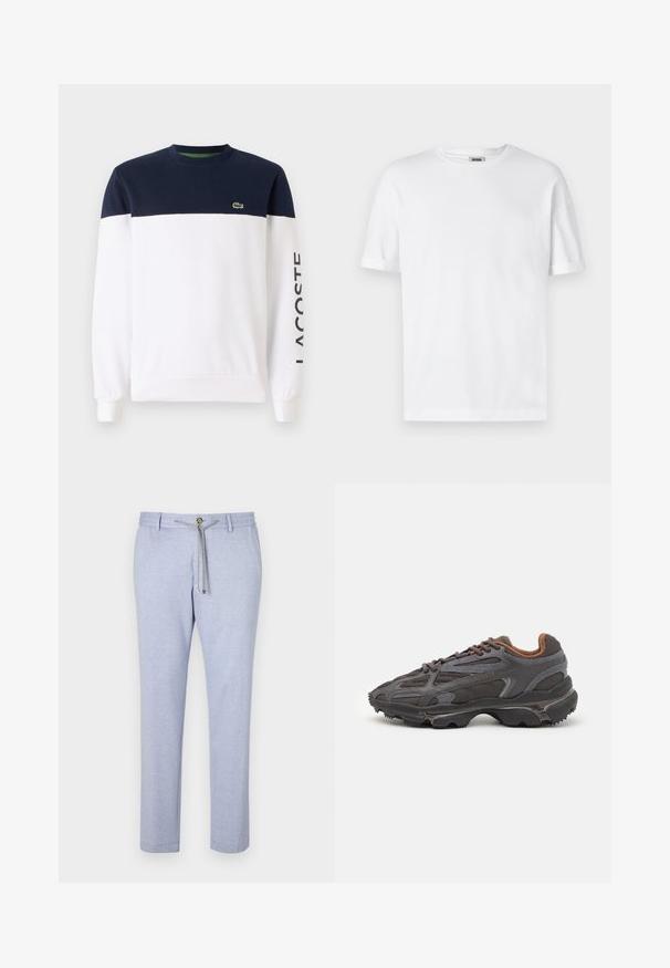 Sweatshirt lung cu mânecă lungă, de culoare albastru închis și alb, cu guler rotund, dotat cu o captuseală interioară verde și cu "LACOSTE" imprimat în negru pe mânecă.; Tricou alb din bumbac, cu guler rotund, mâneci scurte și manșete rulotate; design simplu, textură moale și croi drept.; Pantaloni casual bleu deschis, fabricați dintr-un material moale, având un sistem de închidere cu șnur, accent cu nasture și un design cu pantaloni conici, cu o textură netedă.; Adidași Lacoste de culoare gri închis, din material mesh și sintetic, cu o talpă texturată și accente maronii pe guler și branding.