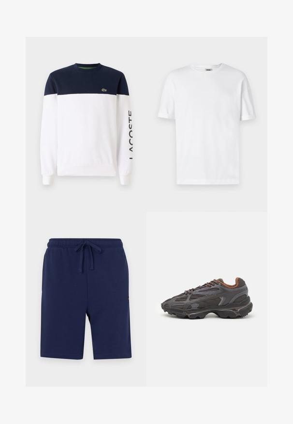 Námornícky modrá a biela mikina s dlhým rukávom a okrúhlym výstrihom, s zelenou vnútornou podšívkou a čiernym nápisom "LACOSTE" potlačeným na rukáve.; Biela bavlnená tričko s okrúhlym výstrihom, krátkymi rukávmi a rolovanými manžetami; bez zdobenia, mäkká textúra a rovný strih.; Námornícky modré kraťasy vyrobené z mäkkého zmesového bavlneného materiálu, s elastickým pásom na šnúrku a bočnými vreckami.; Lacoste tenisky v tmavo sivej farbe z nylonu a syntetického materiálu, s textúrovanou podrážkou a hnedými akcentami na golieri a brandingu.