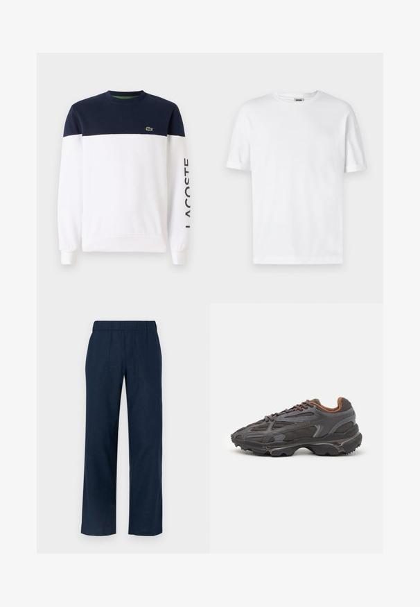 Sweatshirt lung cu mânecă lungă, de culoare albastru închis și alb, cu guler rotund, dotat cu o captuseală interioară verde și cu "LACOSTE" imprimat în negru pe mânecă.; Tricou alb din bumbac, cu guler rotund, mâneci scurte și manșete rulotate; design simplu, textură moale și croi drept.; Pantaloni largi de culoare albastru marin cu un talie elastică, având două buzunare frontale și o textură de țesătură netedă, ușoară.; Adidași Lacoste de culoare gri închis, din material mesh și sintetic, cu o talpă texturată și accente maronii pe guler și branding.