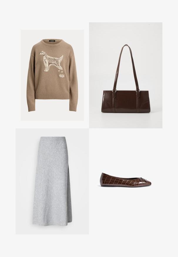 Pull en tricot beige avec un motif de chien texturé sur le devant et des poignets et un ourlet côtelés. Le logo de la marque est en blanc en bas à droite.; Jupe midi en tricot doux de couleur gris clair avec une taille côtelée et une fente sur le côté, présentée sur un fond blanc.; Ballerine en cuir verni marron avec un motif crocodile et un accent de nœud décoratif sur l'orteil. Texture lisse et forme pointue.; Sac à main en cuir verni marron de forme rectangulaire, avec deux longues poignées et des accents courbés subtils à l'avant.
