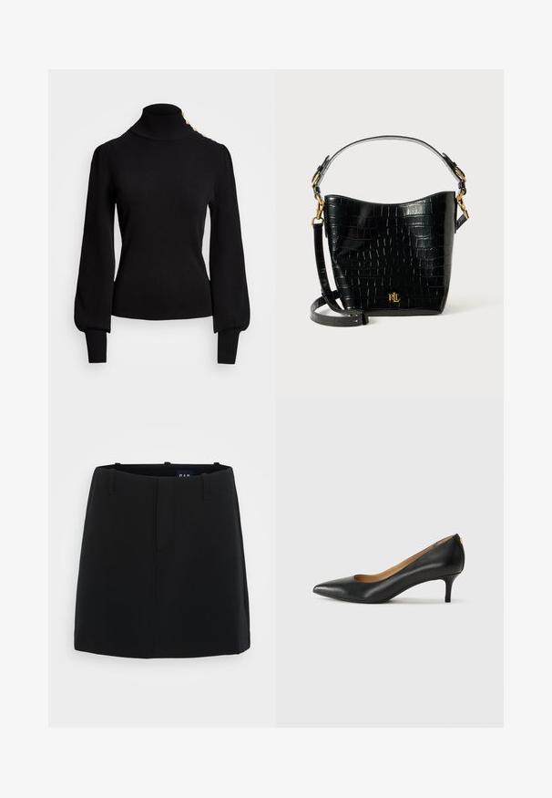Black turtleneck sweater with ribbed texture, puff sleeves, fitted body, and gold-button accents on the shoulder.; Black skirt with a smooth fabric texture, minimalistic design, two front pockets, and a mid-thigh length. Includes belt loops at the waist.; Black leather pump with a pointed toe, low heel, and a smooth texture. Features a slight opening at the front and minimal hardware at the back.; Black croc-embossed leather bag with a curved shape, gold hardware accents, an adjustable strap, and a logo detail at the front.