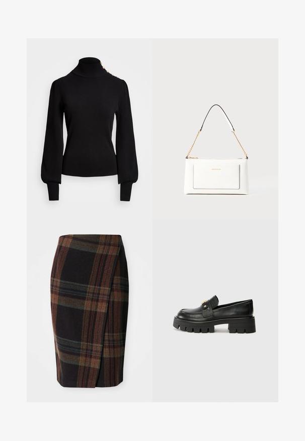 Mustat poolokaulustakki, jossa on ribbikuvio, puffihihoja, vartalonmyötäinen malli ja kultanappikoristeet olkapäillä.; Tummissa väreissä olevat ruudulliset lyhyet hameet, joissa on vaaka- ja pystysuorat kuviot. Valmistettu villasta, sivussa on halkio liikkumisen helpottamiseksi.; Mustat nahkakengät, joissa on paksu pohja, kultaisella korostuksella edessä ja sileällä pinnalla. Paksu kuvio pohjassa.; Valkoinen nahkalaukku tekstuuripinnalla, jossa on kultaketjuolkaimet ja mustia yksityiskohtia. Mukana etutasku ja vetoketjusulku.