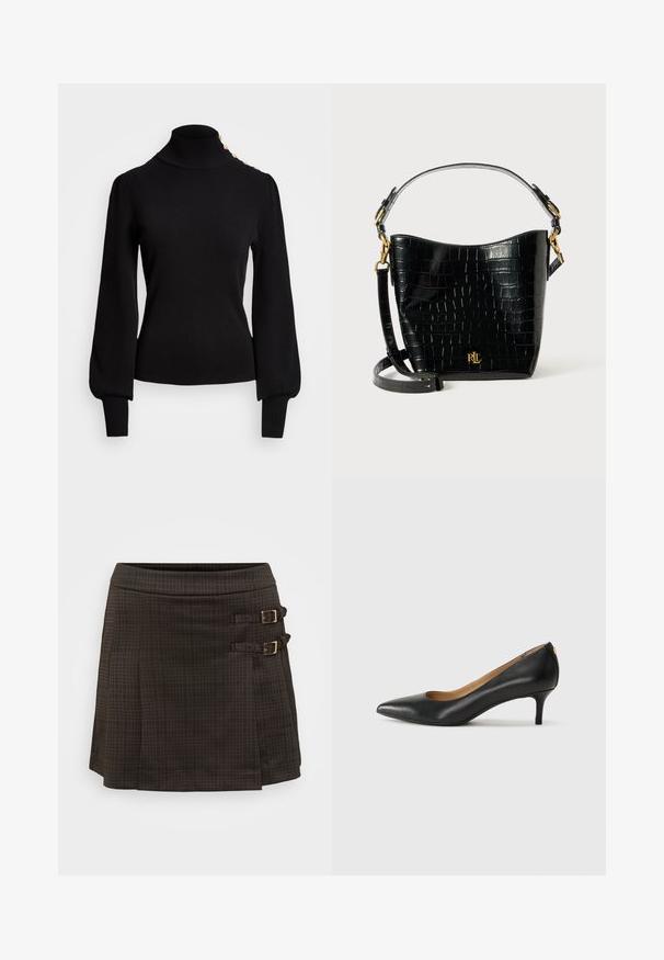 Svart polotröja med ribbad textur, puffärmar, figursydd kropp och guldknappdetaljer på axeln.; Mörkrutigt kjol, A-linjeformad, med två sidospännen i guldtonad metall. Tillverkad av ett texturerat tyg med subtilt rutig mönster.; Svart läderpumps med spetsig tå, låg klack och slät yta. Har en liten öppning framtill och minimal hårdvara bak.; Svart krokodilpräglad läderväska med en bågformad design, guldfärgade detaljer, en justerbar rem och en logodetalj framtill.