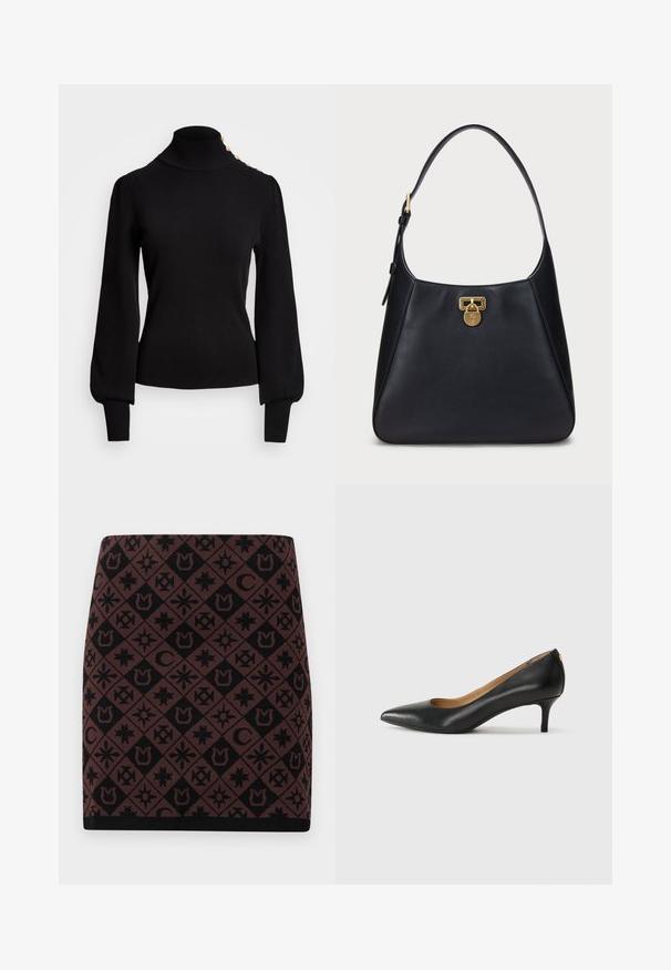 Zwarte coltrui met geribbelde textuur, pofmouwen, aansluitend lichaam en gouden knopenaccenten op de schouder.; Gebreide rok met een geometrisch zwart en bruin patroon met verschillende symbolen, een aansluitende vorm en een zwarte tailleband aan de zoom.; Zwarte leren pump met een puntige teen, lage hak en een gladde textuur. Heeft een lichte opening aan de voorkant en minimale hardware aan de achterkant.; Zwarte leren schoudertas met een gebogen ontwerp, voorzien van een gouden sluiting en een ronde schouderband. De tas heeft een gladde textuur met minimale accenten.