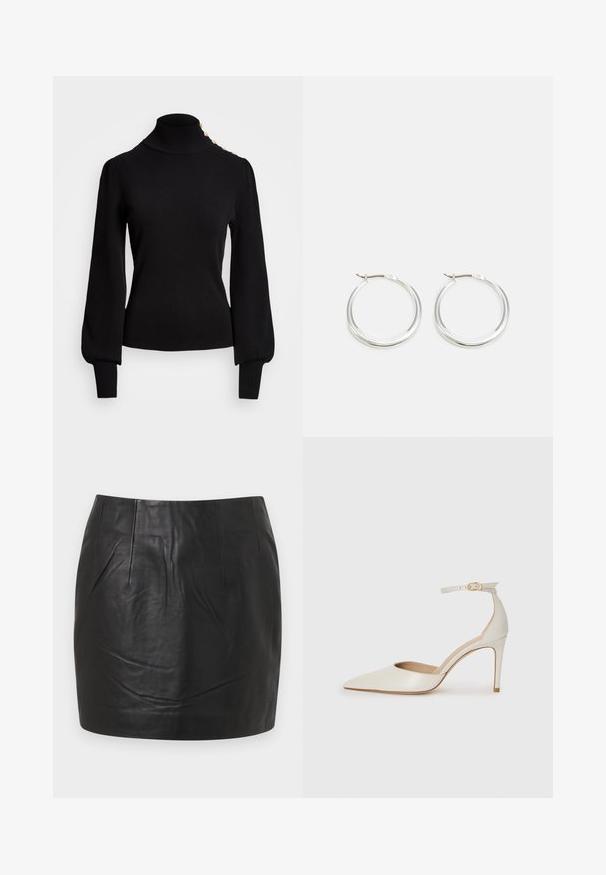 Črn pulover z visokim ovratnikom, z rebrasto teksturo, napihnjenimi rokavi, prilegajočim telesom in zlatimi gumbi na rami.; Črna usnjena mini krila z gladko teksturo, vidnimi šivi in ravnim krojem. Brez žepov ali okrasnih elementov.; Bela usnjena čevlja na visoki peti z ozkim prstom, trakom okoli gležnja in tanko stiletto peto. Gladka tekstura z rahlim sijočim finišem.; Srebrni obroči za ušesa imajo gladko, zaobljeno obliko z tankim profilom in varnim zapiranjem. Minimalističen stil z sijočo površino.