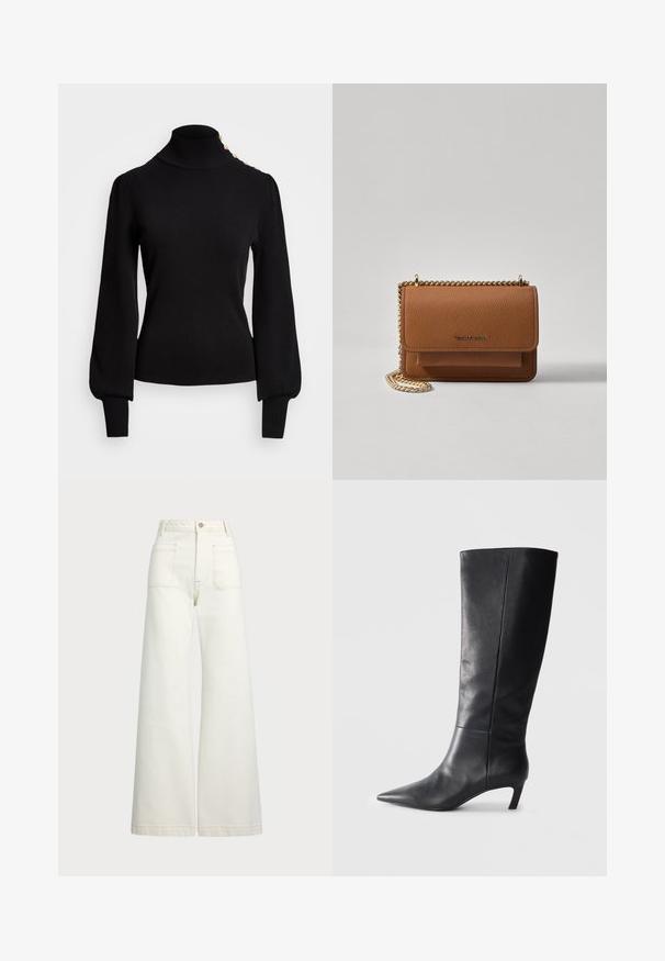 Musthave mustripped tekstuuriga black-collektiivne, puff-taskud, kitsas keha ja kuldne nupumäng õla peal.; Laiad teksad heledast denimist. Kõrge vöökoht, nööbivöö, kaks esikotitäit ja kontrastsed õmblused.; Mustad musta nahast kuni põlveni saabas terava ninaga, struktureeritud disainiga ja tagasihoidliku kontsaga. Sile pind, minimaalsed õmblusdetailid.; Pruun tekstureeritud nahk ristkeha kott kuldse ahelaga rihmaga ja klapiga sulgemine. Esiküljel on logo detail ja tasku klapi all.