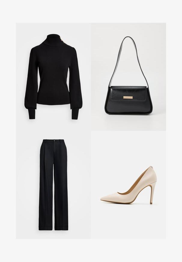 Musthave mustripped tekstuuriga black-collektiivne, puff-taskud, kitsas keha ja kuldne nupumäng õla peal.; Mustad laiad püksid mustas värvuses, millel on sile viimistlus, lame esiosa, vöökohas vöölõngad ja ühekordne nööp sulgemiseks.; Beige kõrge kontsaga king, terava nina, sile nahkviimistlus, peen stiletto konts, minimalistlik disain koos peene tagadetailiga.; Must mustrist nahkist kott, millel on struktureeritud kolmnurkne kuju, peen rihm ja kuldset tooni detailid, millel on logoplaat eesmisel klapil.