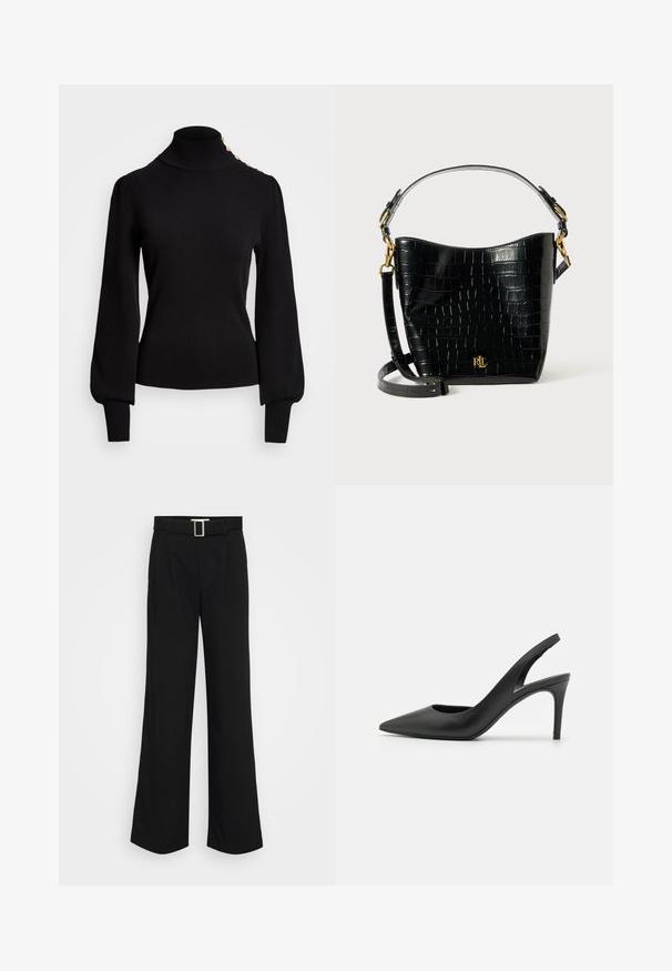 Fekete garbós pulóver bordázott textúrával, puffos ujjal, testhezálló fazonnal és aranygombos díszítéssel a vállán.; Fekete, bővített szárú nadrág, könnyű anyagból készült, sima textúrával, elülső pliszírozással és négyzet alakú fém csattal ellátott övvel.; Fekete bőrszíjjal ellátott magassarkú cipők, hegyes orral, elöl kivágott dizájnnal és vékony stiletto sarkakkal.; Fekete krokodil bőrhatású táska ívelt formával, arany színű fémalkatrészekkel, állítható pánttal és logó részlettel elöl.
